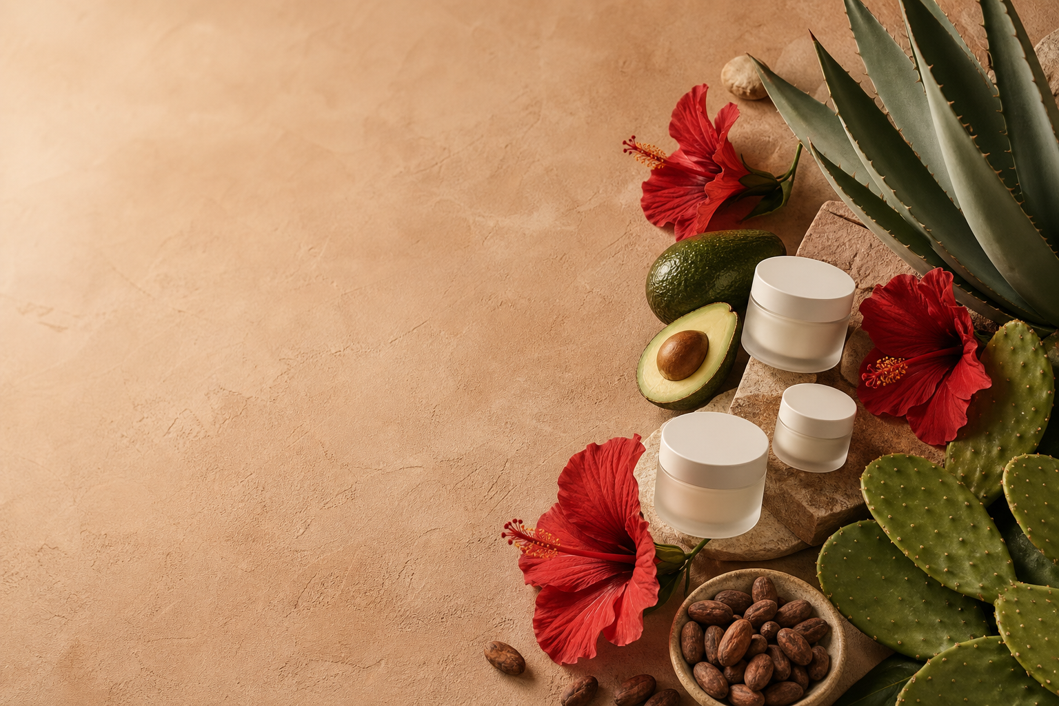 Ingredientes botánicos mexicanos: aguacate, nopal, jamaica y agave
