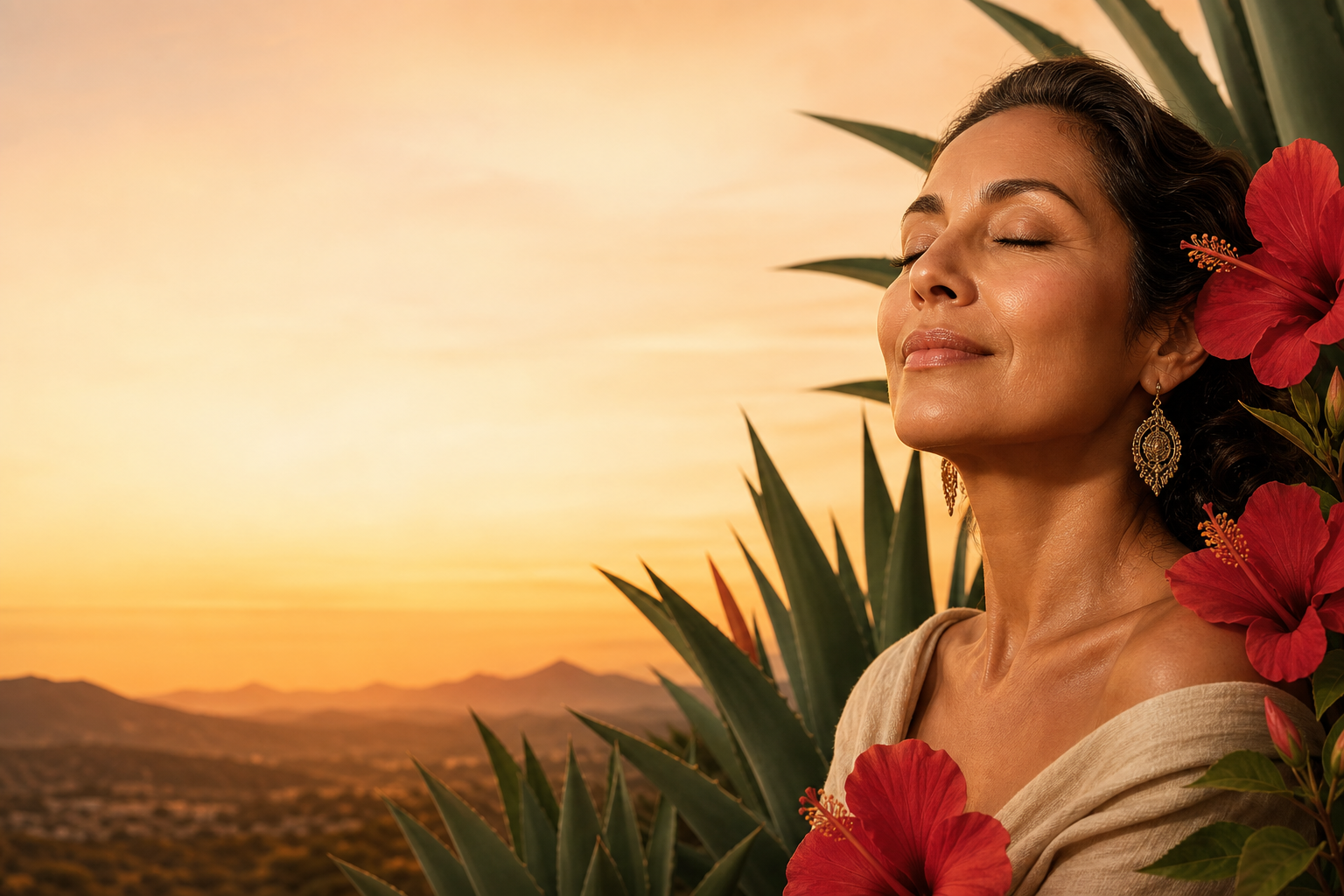 Mujer mexicana con piel radiante al atardecer