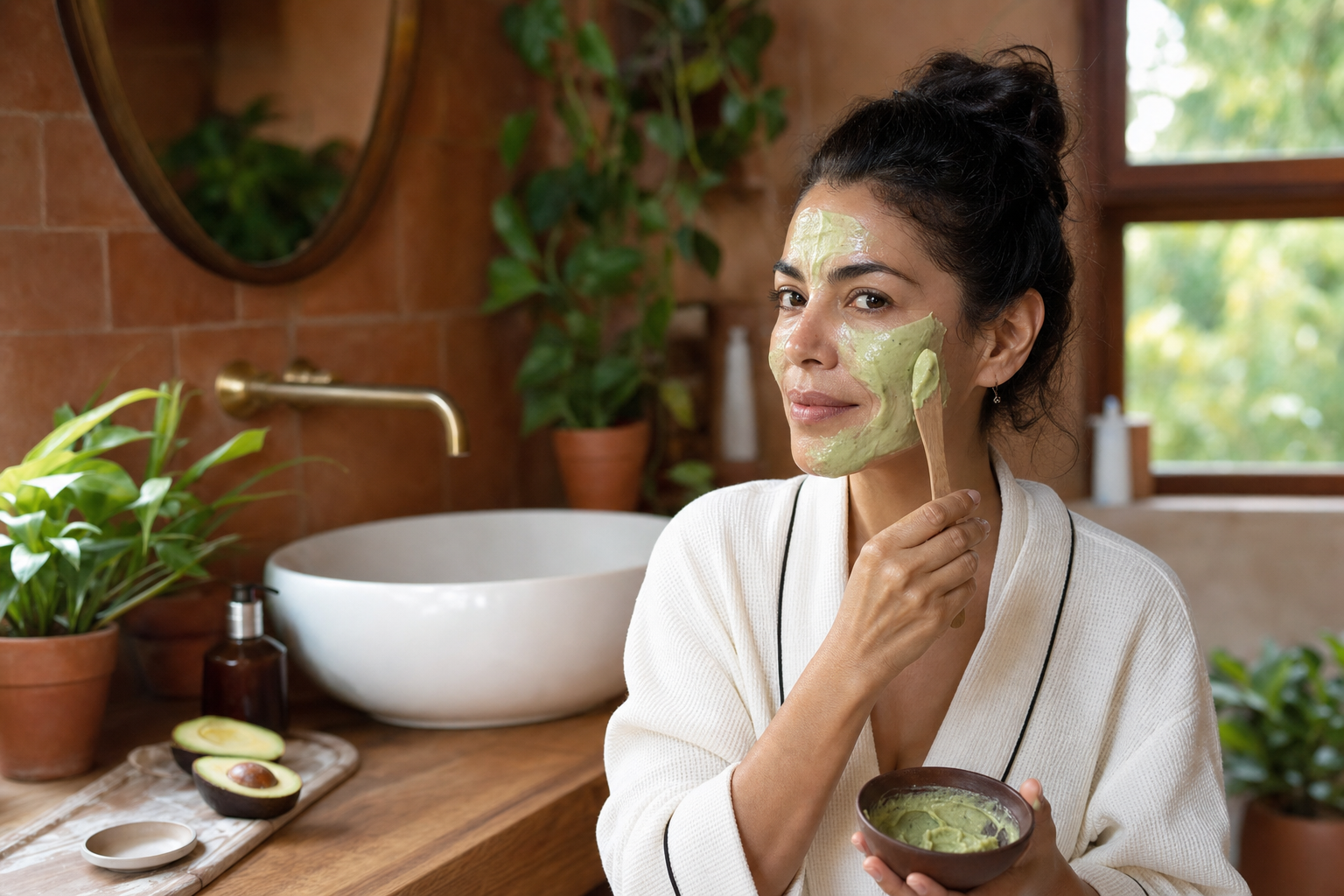 Valentina aplicando su mascarilla matutina